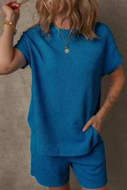 Best Dear-Lover Solid Textured Crew Neck Short Set Bluing
