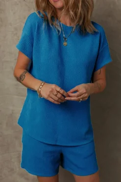 Best Dear-Lover Solid Textured Crew Neck Short Set Bluing