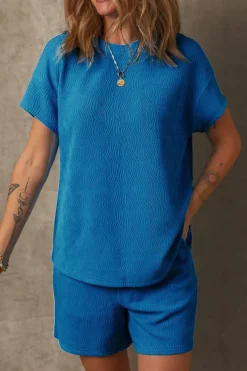 Best Dear-Lover Solid Textured Crew Neck Short Set Bluing