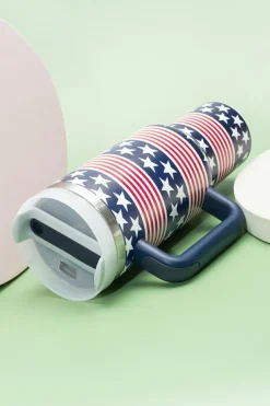 Best Dear-Lover Stars and Stripes Print Handled Thermos Cup 40oz Bluing