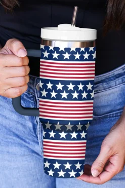 Best Dear-Lover Stars and Stripes Print Handled Thermos Cup 40oz Bluing