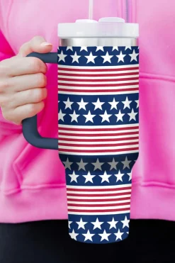 Best Dear-Lover Stars and Stripes Print Handled Thermos Cup 40oz Bluing