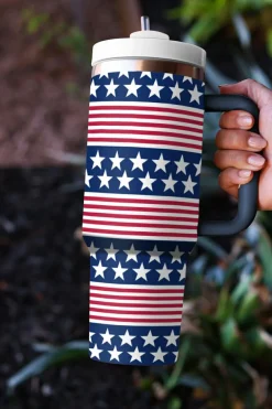 Best Dear-Lover Stars and Stripes Print Handled Thermos Cup 40oz Bluing