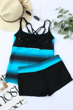 Fashion Dear-Lover Bluish Strappy Hollow-out Back Tankini Blue
