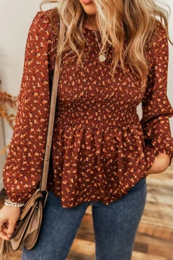Clearance Dear-Lover Boho Floral Smocked Bust Ruffled Peplum Blouse Printed