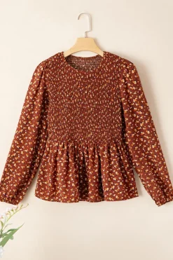 Clearance Dear-Lover Boho Floral Smocked Bust Ruffled Peplum Blouse Printed
