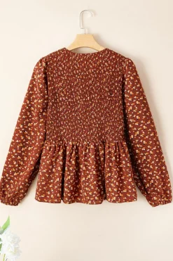 Clearance Dear-Lover Boho Floral Smocked Bust Ruffled Peplum Blouse Printed