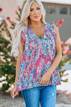 Online Dear-Lover Boho Pattern Print Flounce V Neck Tank Top Pink