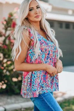 Online Dear-Lover Boho Pattern Print Flounce V Neck Tank Top Pink