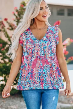 Online Dear-Lover Boho Pattern Print Flounce V Neck Tank Top Pink