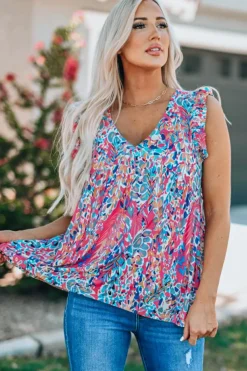 Online Dear-Lover Boho Pattern Print Flounce V Neck Tank Top Pink