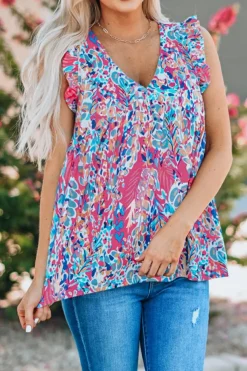 Online Dear-Lover Boho Pattern Print Flounce V Neck Tank Top Pink