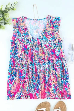 Online Dear-Lover Boho Pattern Print Flounce V Neck Tank Top Pink