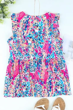 Online Dear-Lover Boho Pattern Print Flounce V Neck Tank Top Pink