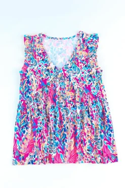 Online Dear-Lover Boho Pattern Print Flounce V Neck Tank Top Pink