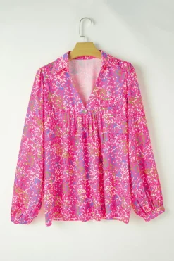 New Dear-Lover Abstract Print Collared V Neck Babydoll Blouse Bonbon