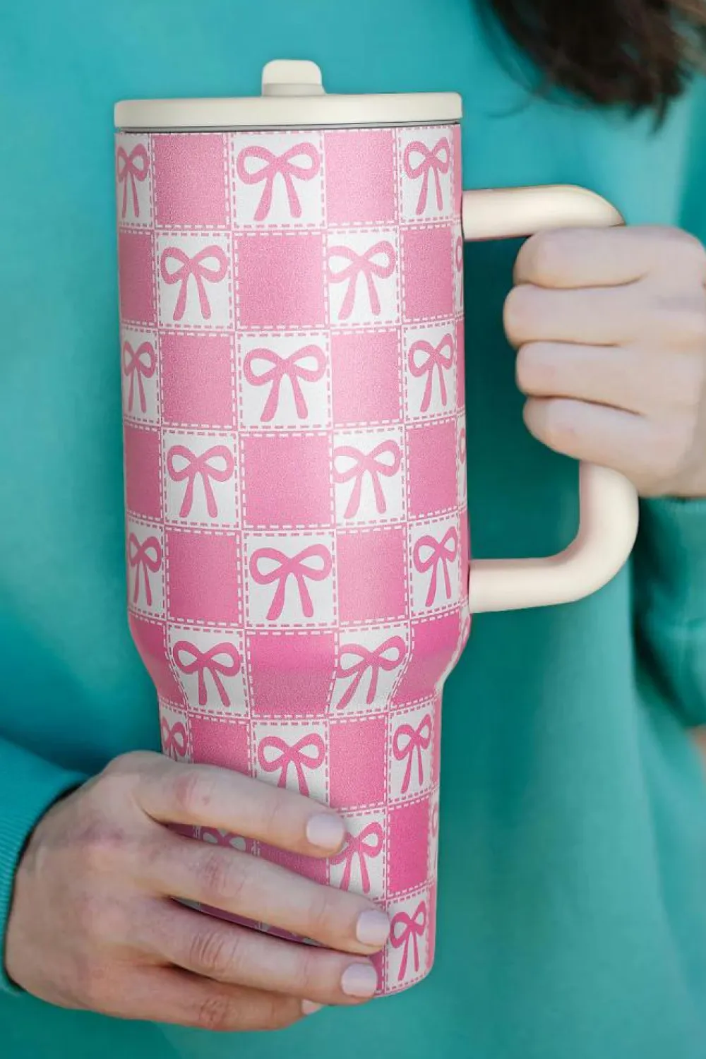 Best Dear-Lover Bow Knot Checkered Print Handle Large Tumbler 40OZ Bonbon