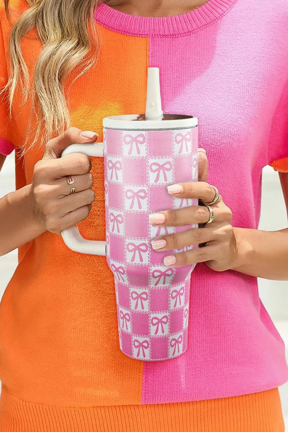 Best Dear-Lover Bow Knot Checkered Print Handle Large Tumbler 40OZ Bonbon