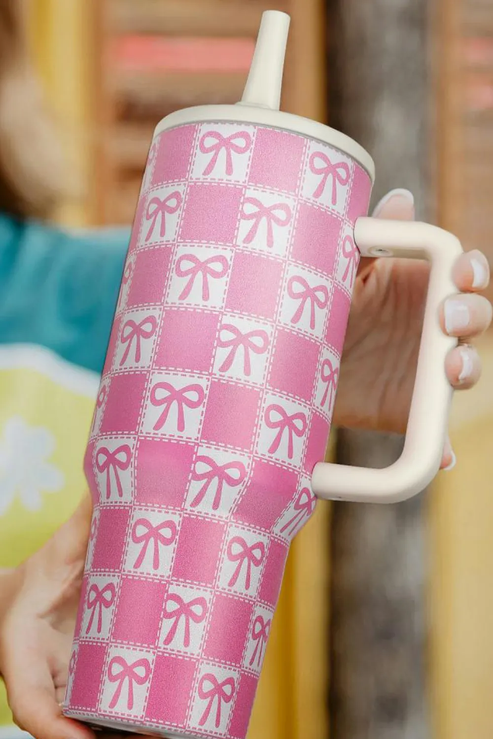 Best Dear-Lover Bow Knot Checkered Print Handle Large Tumbler 40OZ Bonbon