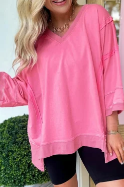 Sale Dear-Lover Bracelet Sleeve Mineral Washed V Neck T Shirt Bonbon