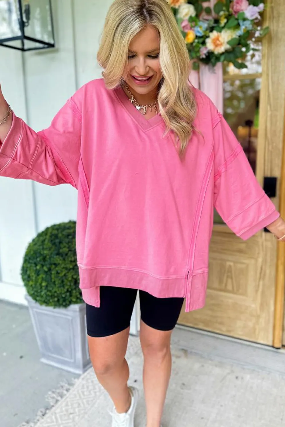 Sale Dear-Lover Bracelet Sleeve Mineral Washed V Neck T Shirt Bonbon