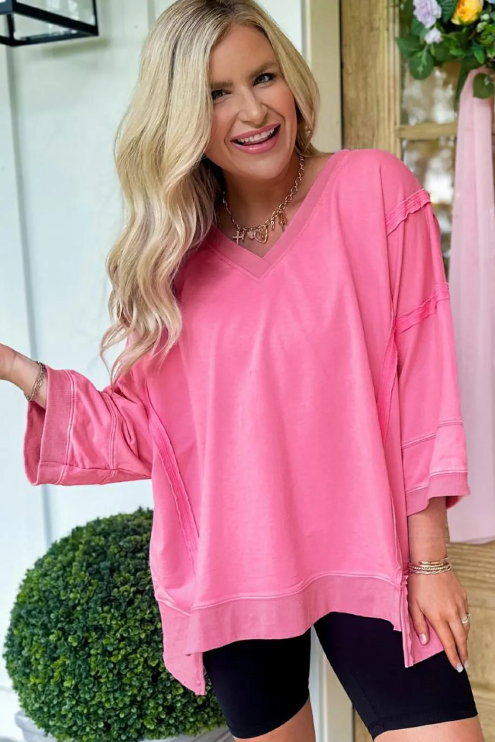 Sale Dear-Lover Bracelet Sleeve Mineral Washed V Neck T Shirt Bonbon