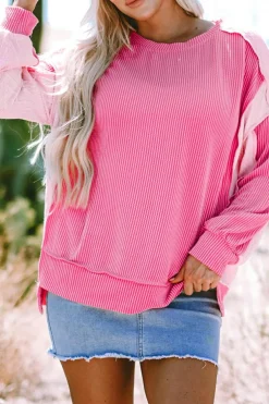 Hot Dear-Lover Cable Knit Colorblock Exposed Seam Sweatshirt Bonbon