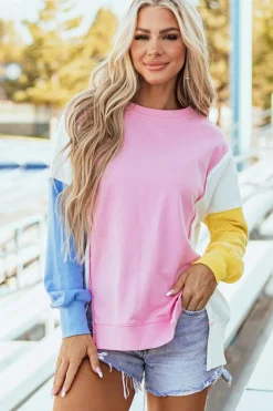 Best Dear-Lover Color Block Exposed Seam Side Slits Crewneck Sweatshirt Bonbon