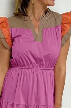 Clearance Dear-Lover Color Block Tiered Notched Neck Ruffle Sleeve Dress Bonbon
