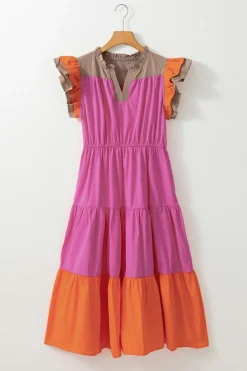 Clearance Dear-Lover Color Block Tiered Notched Neck Ruffle Sleeve Dress Bonbon