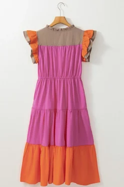 Clearance Dear-Lover Color Block Tiered Notched Neck Ruffle Sleeve Dress Bonbon