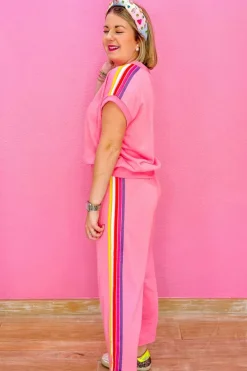 New Dear-Lover Color Contrast Crewneck T Shirt and Wide Leg High Waist Pants Set Bonbon
