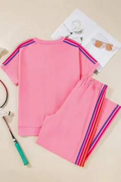 New Dear-Lover Color Contrast Crewneck T Shirt and Wide Leg High Waist Pants Set Bonbon