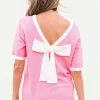 Hot Dear-Lover Colorblock Bow V-Shape Cut Back Short Sleeve Sweater Bonbon