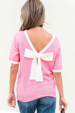 Hot Dear-Lover Colorblock Bow V-Shape Cut Back Short Sleeve Sweater Bonbon