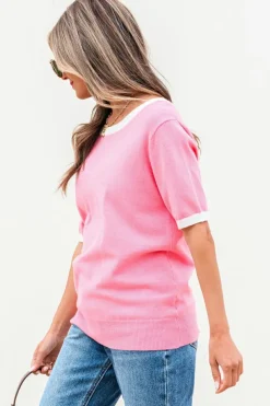 Hot Dear-Lover Colorblock Bow V-Shape Cut Back Short Sleeve Sweater Bonbon
