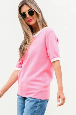 Hot Dear-Lover Colorblock Bow V-Shape Cut Back Short Sleeve Sweater Bonbon