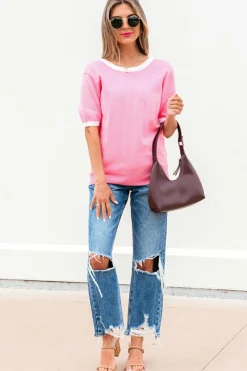 Hot Dear-Lover Colorblock Bow V-Shape Cut Back Short Sleeve Sweater Bonbon