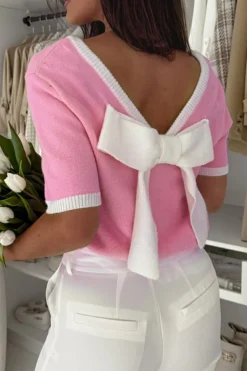 Hot Dear-Lover Colorblock Bow V-Shape Cut Back Short Sleeve Sweater Bonbon