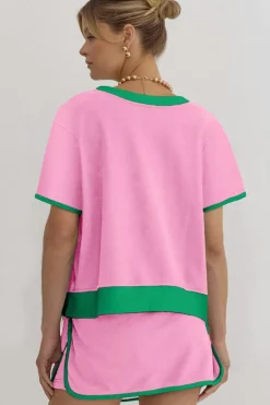 Online Dear-Lover Colorblock Edge Drop Shoulder T Shirt and Skort 2Pcs Set Bonbon