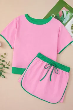 Online Dear-Lover Colorblock Edge Drop Shoulder T Shirt and Skort 2Pcs Set Bonbon