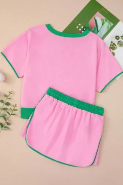 Online Dear-Lover Colorblock Edge Drop Shoulder T Shirt and Skort 2Pcs Set Bonbon