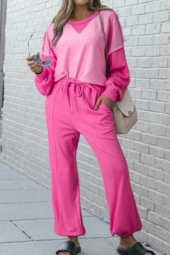 New Dear-Lover Contrast Patchwork Pullover and Drawstring Joggers Set Bonbon