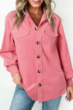 Fashion Dear-Lover Corduroy Flap Detail Button Up Split Shacket Bonbon