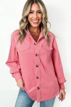 Fashion Dear-Lover Corduroy Flap Detail Button Up Split Shacket Bonbon