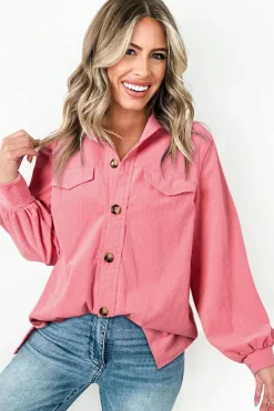 Fashion Dear-Lover Corduroy Flap Detail Button Up Split Shacket Bonbon