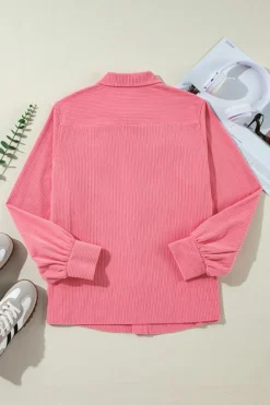 Fashion Dear-Lover Corduroy Flap Detail Button Up Split Shacket Bonbon