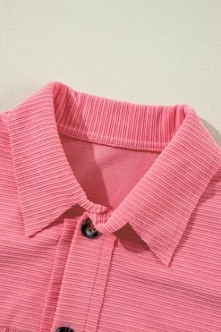 Fashion Dear-Lover Corduroy Flap Detail Button Up Split Shacket Bonbon