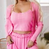Discount Dear-Lover Delicate Texture Cropped Cami Shorts and Cardigan 3pcs Lounge Set Bonbon
