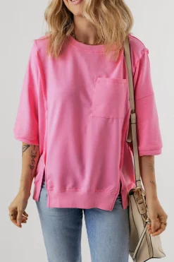 Outlet Dear-Lover Exposed Seam Chest Pocket Split Loose T Shirt Bonbon
